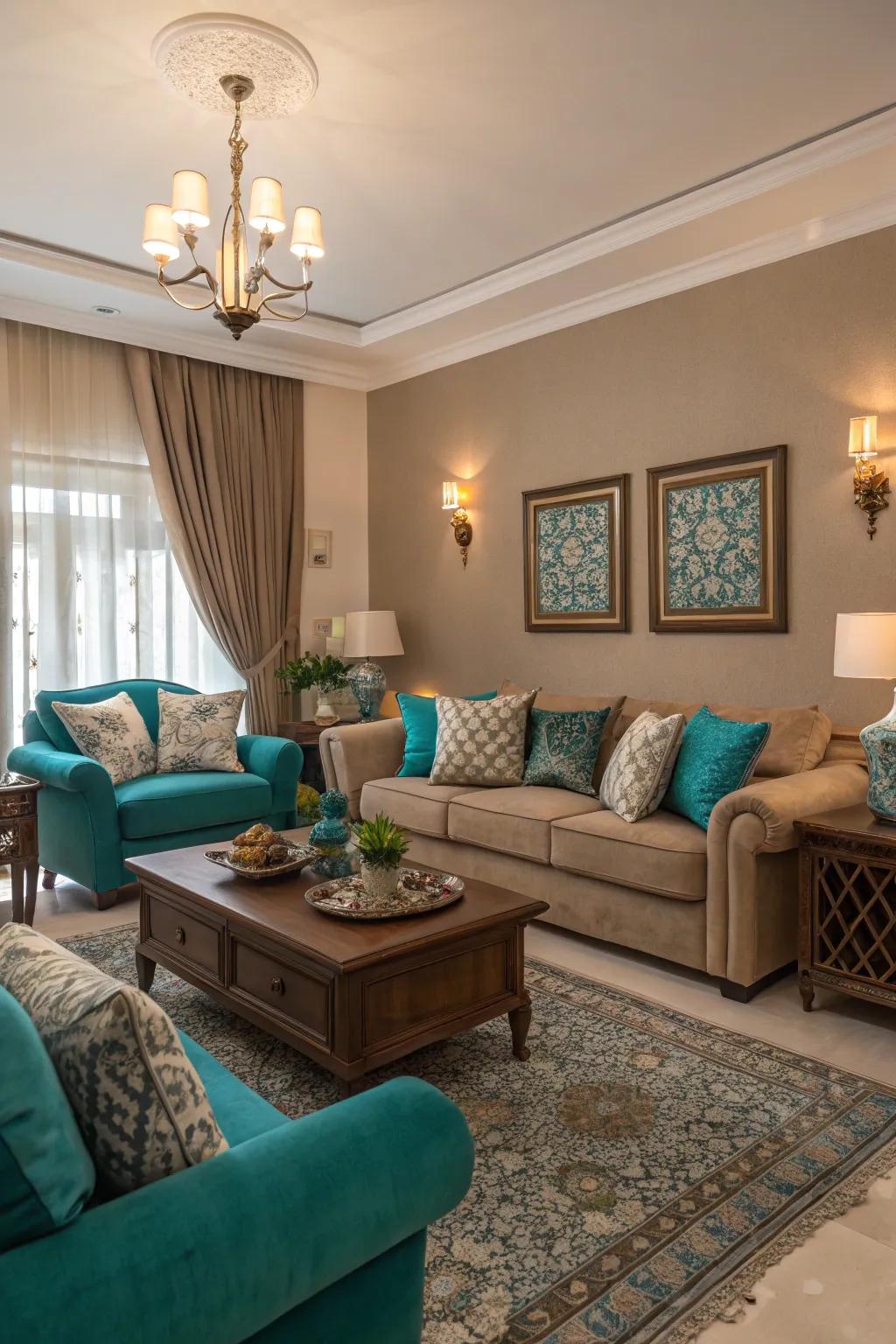 Teal with beige makes a soft and beautiful feeling.