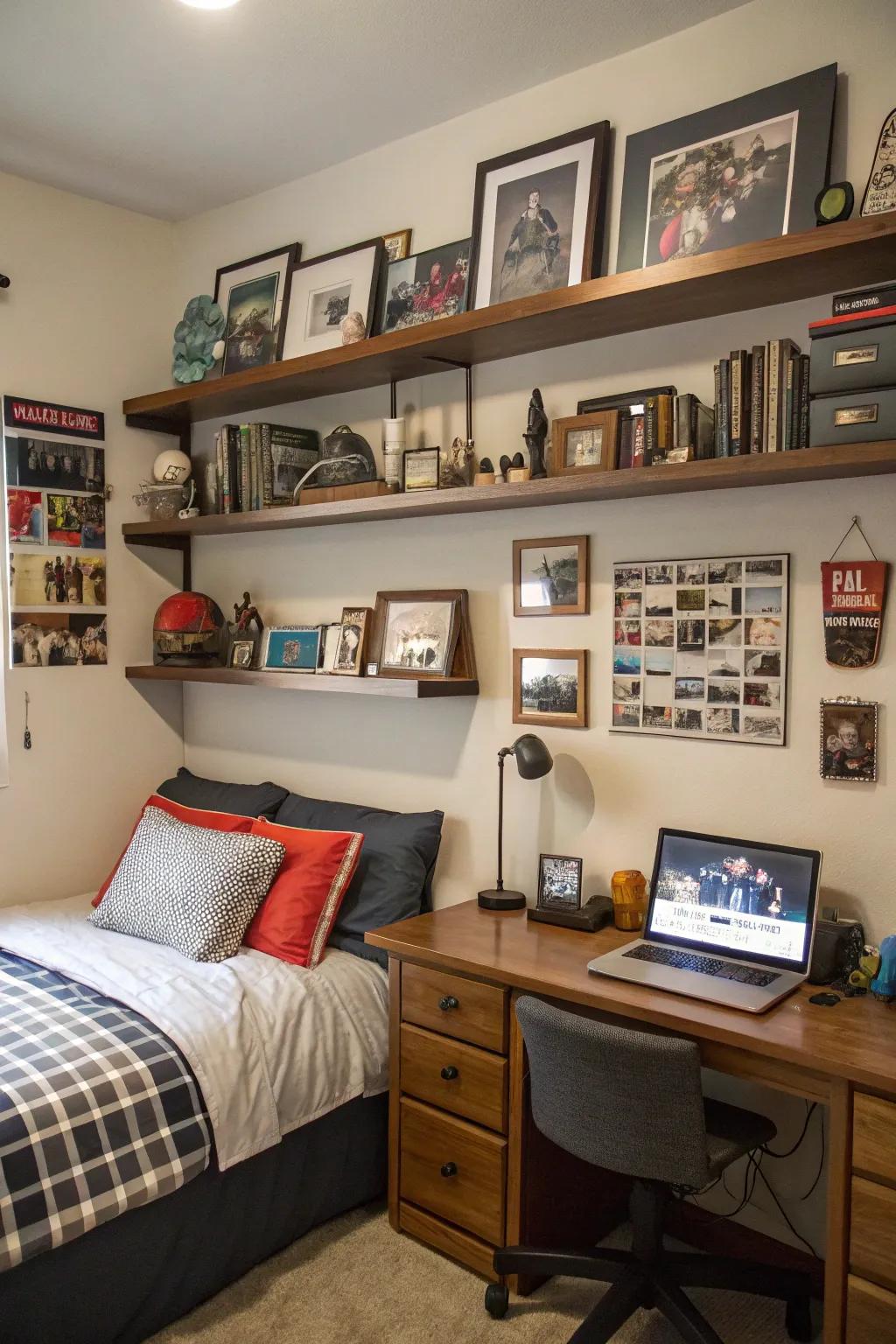 Personal mementos and photos introduce a unique narrative to this teen boy's room.