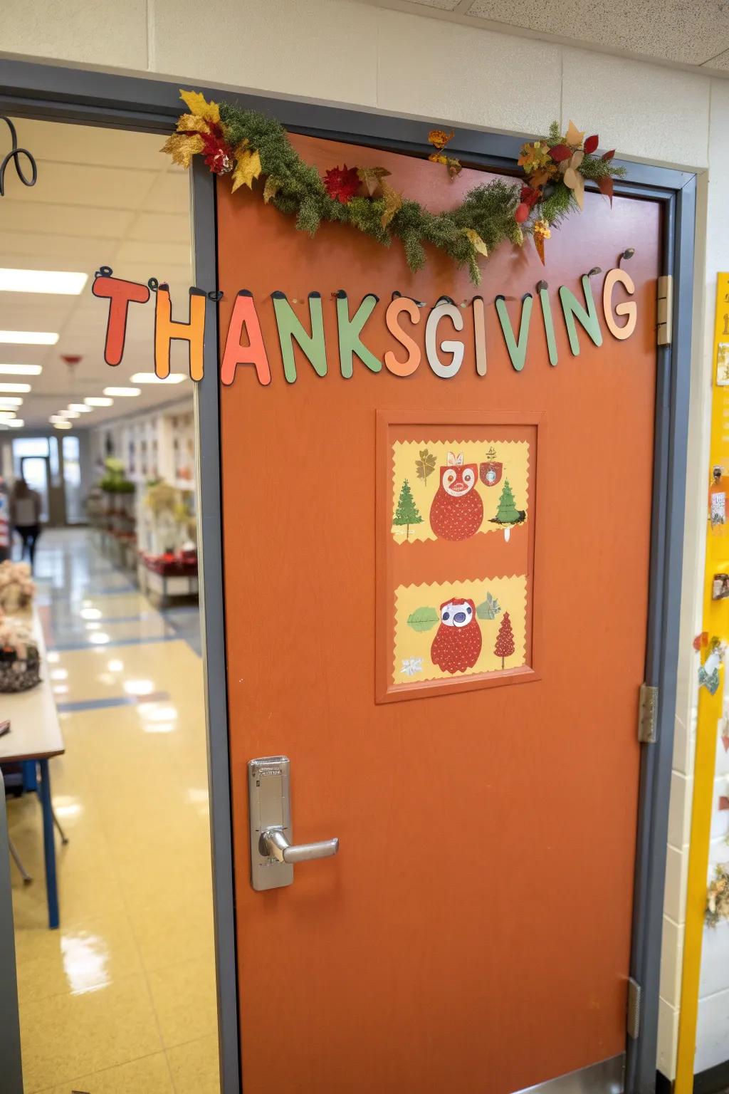 A charming Gobble Chain door display with mini turkeys.