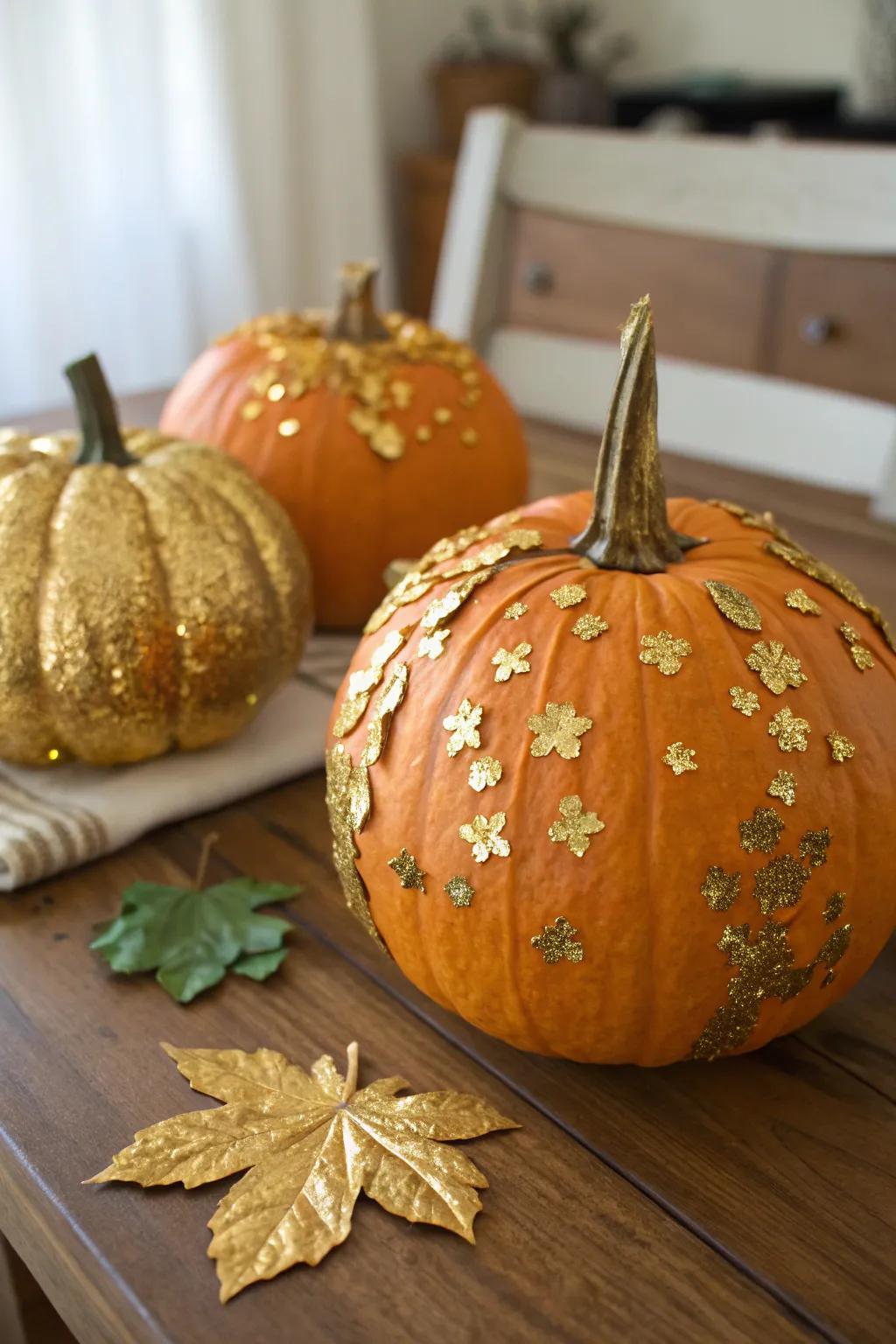 Opulent gold leaf pumpkins for a sophisticated shimmer.