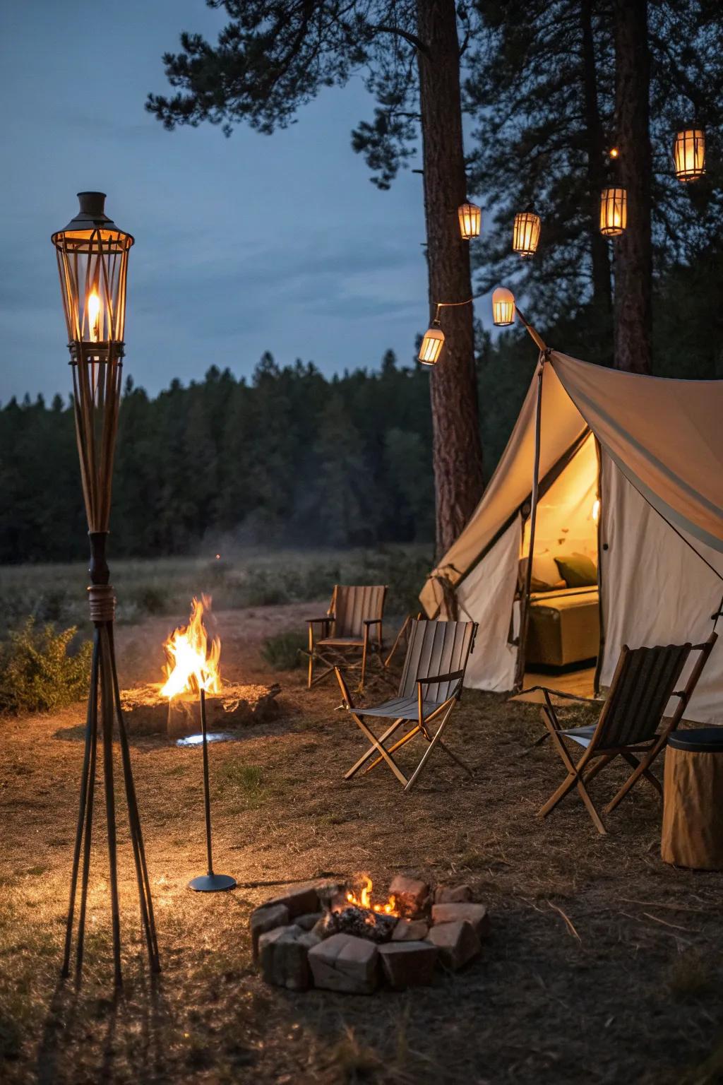 Create a cozy camping atmosphere with <strong><em>tiki torches</em></strong>.” loading=”lazy” class=”pimg”>
	</picture><figcaption>Create a cozy camping atmosphere with <strong><em>tiki torches</em></strong>.</figcaption></figure>
<p>Transport <strong><em>tiki torches</em></strong> to your camping arrangement for a rustic yet snug vibe. This offers a straightforward approach to rendering the wilderness more homely.</p>
<h3>May just do the trick:</h3>
<ul class=