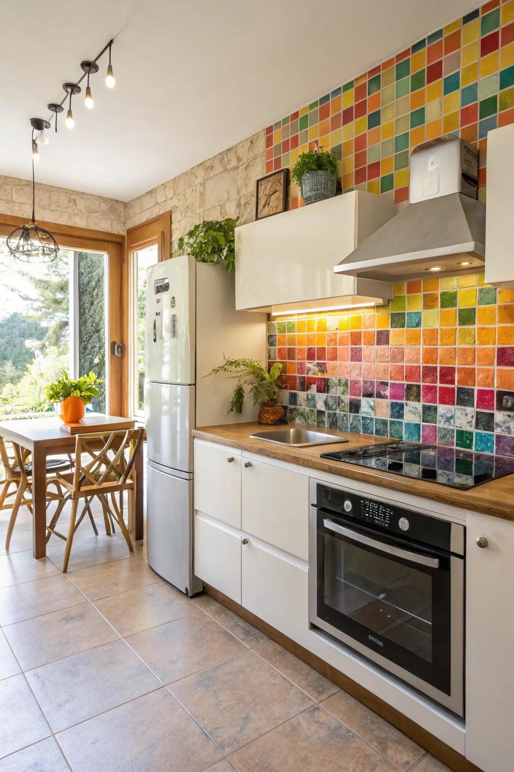 Mosaic tiles add vibrant detail and creativity to this kitchen.