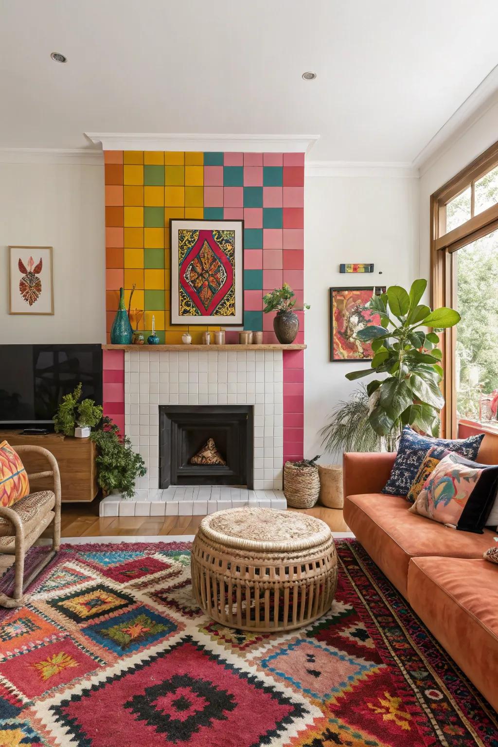 Striking color blocking turns this fireplace into a vibrant piece of art.