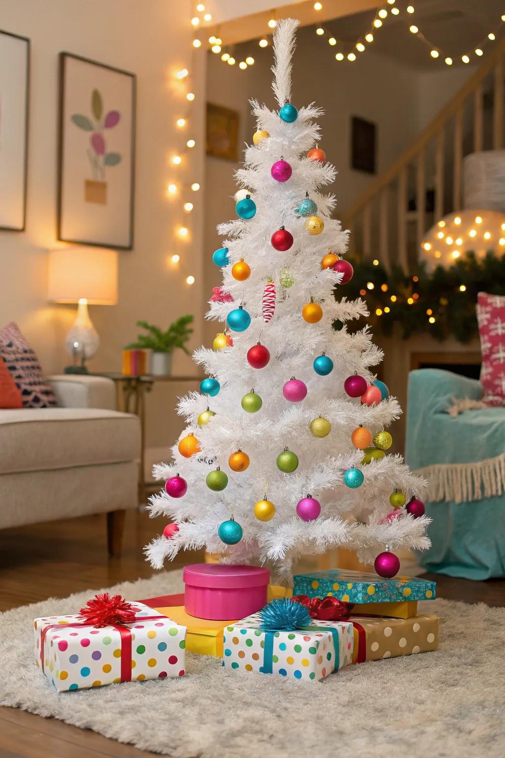 A whimsical home decor scene with a playful dotted foil Christmas tree.