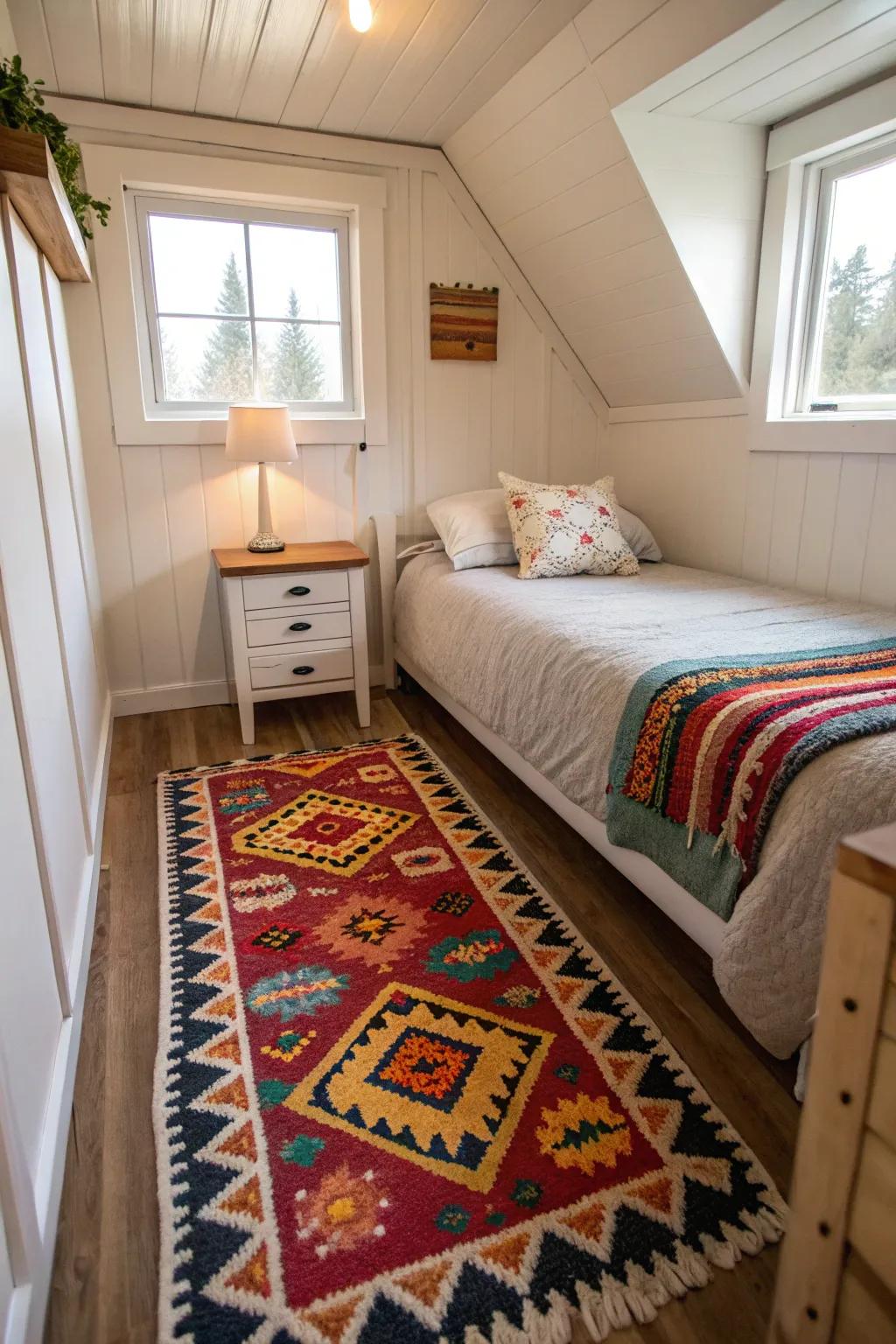 A vibrant rug defining space and adding a cozy touch to the bedroom.