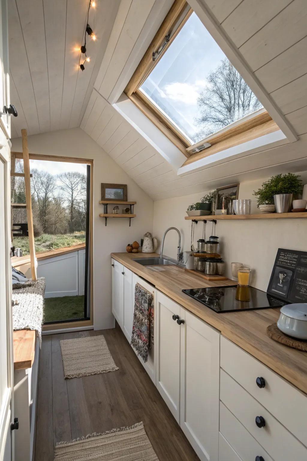 An overhead light fills a small kitchen with natural light and openness.