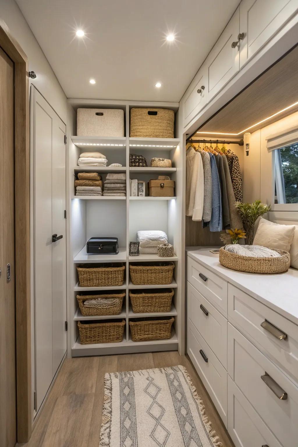 Concealed storage maintains a tidy and organized room.
