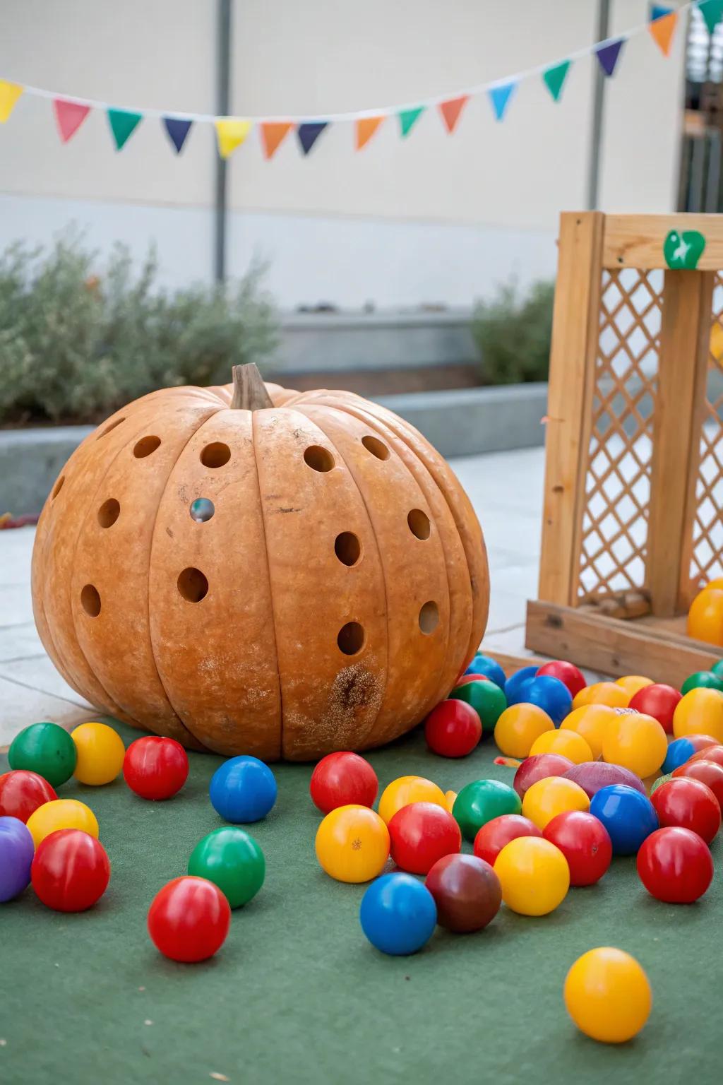 Partake in a lively ball lob game through a pumpkin twist.