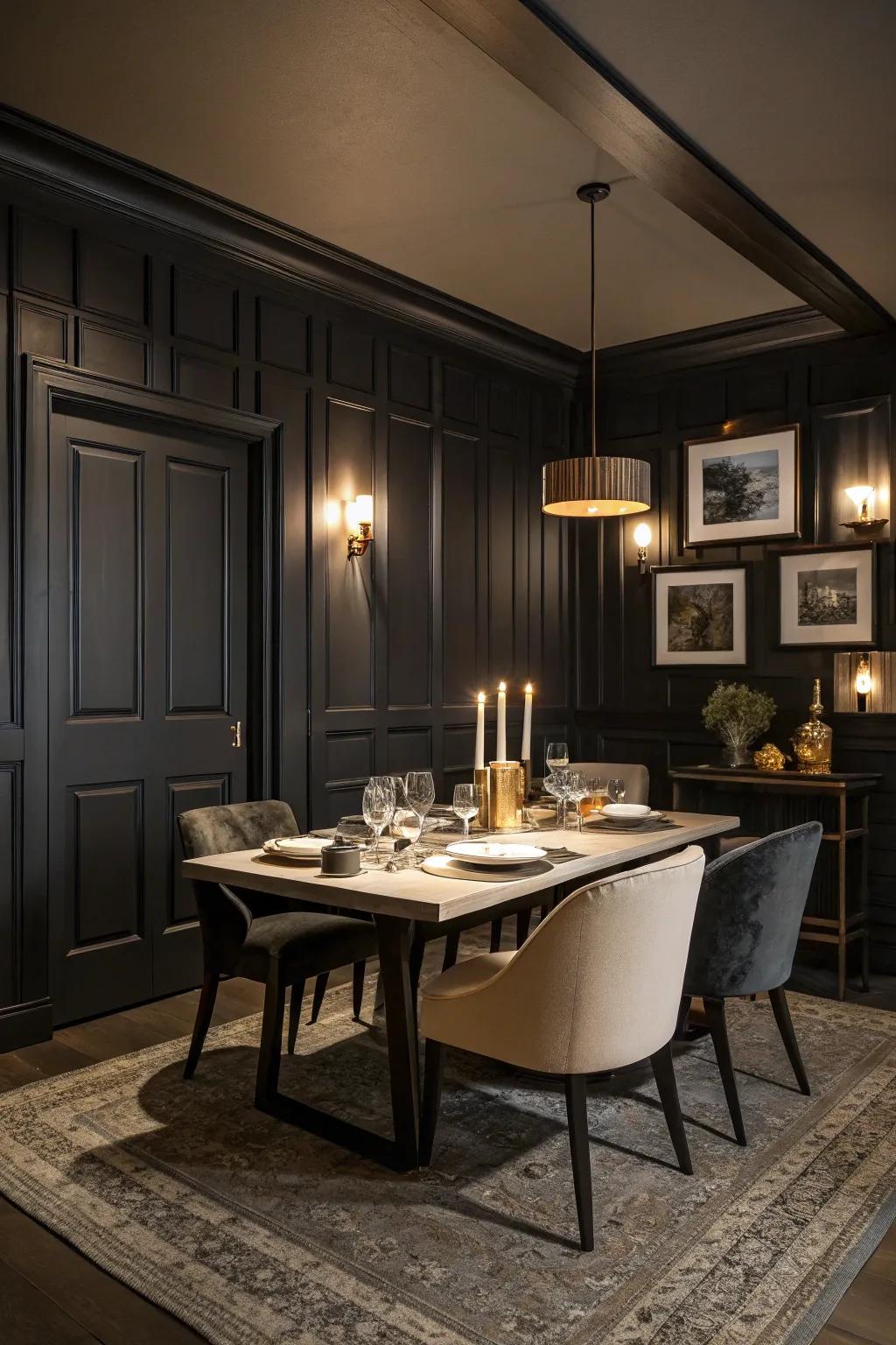 Deep-hued interlocking plank walls introduce drama to this dining space.