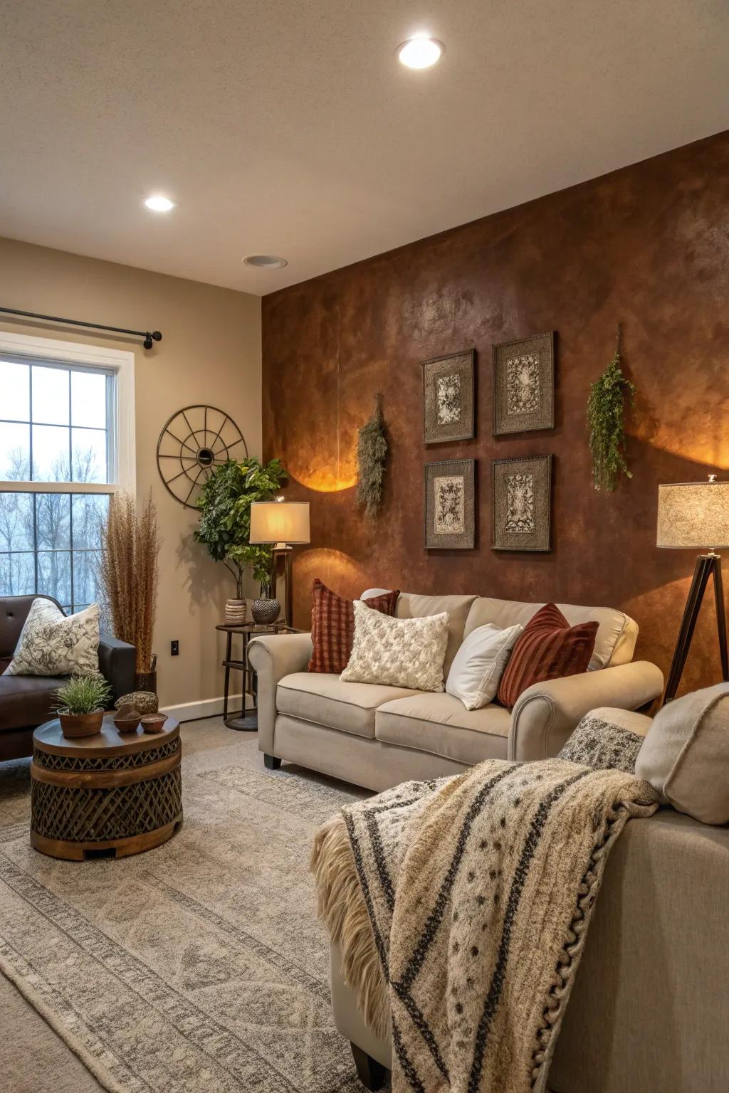 A townhouse lounge styled with woodsy brown walls for a comforting vibe.