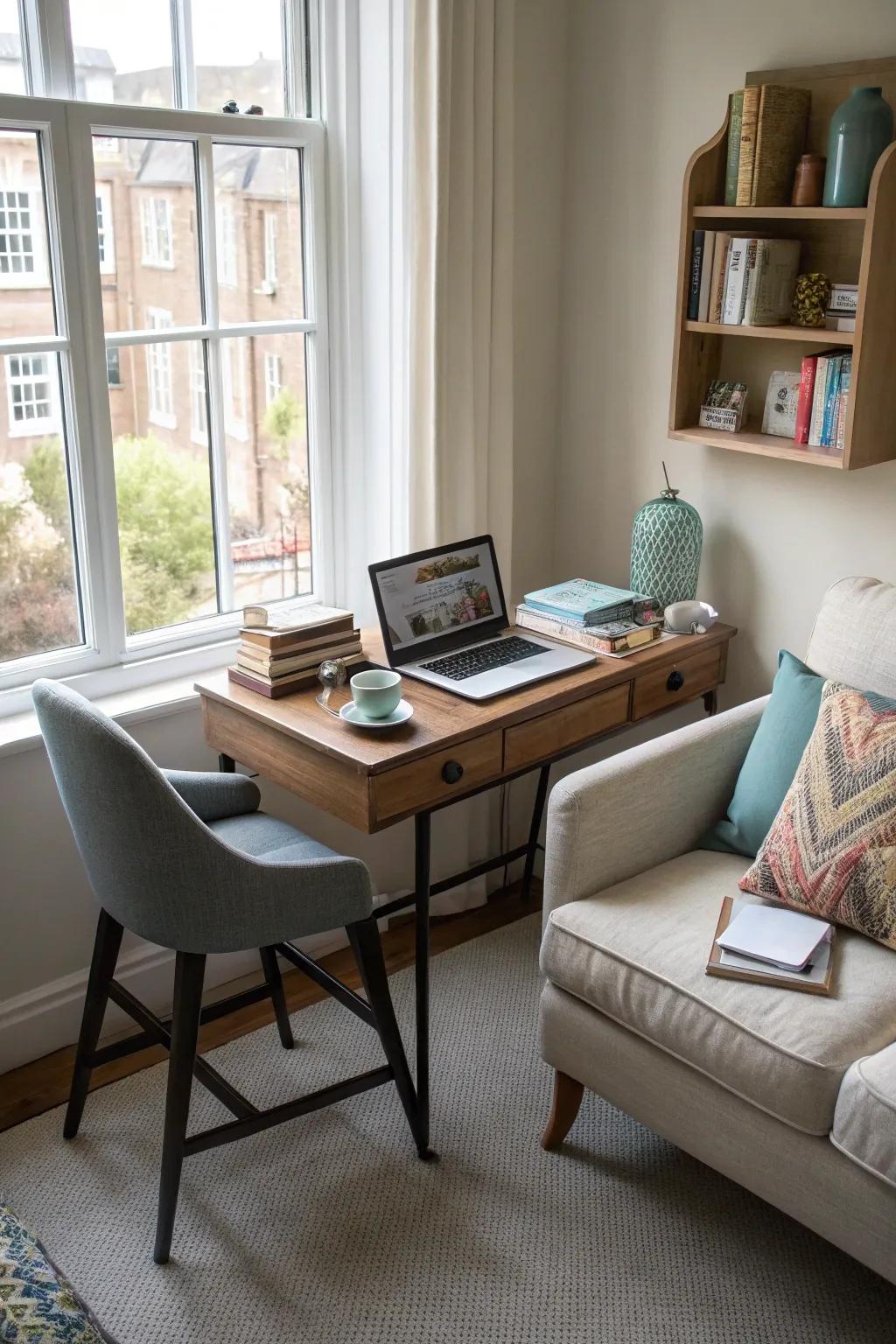 A compact workspace integrates functionality into the living room.