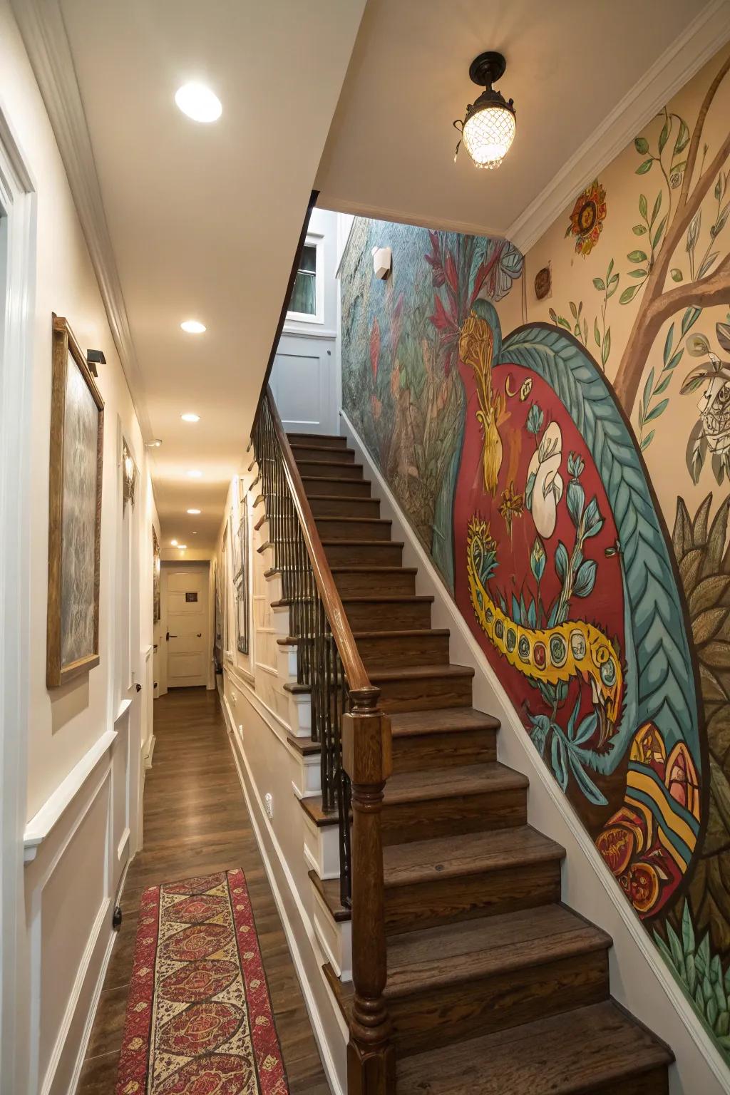 A custom graphic converts the stairway wall into an imaginative masterpiece.