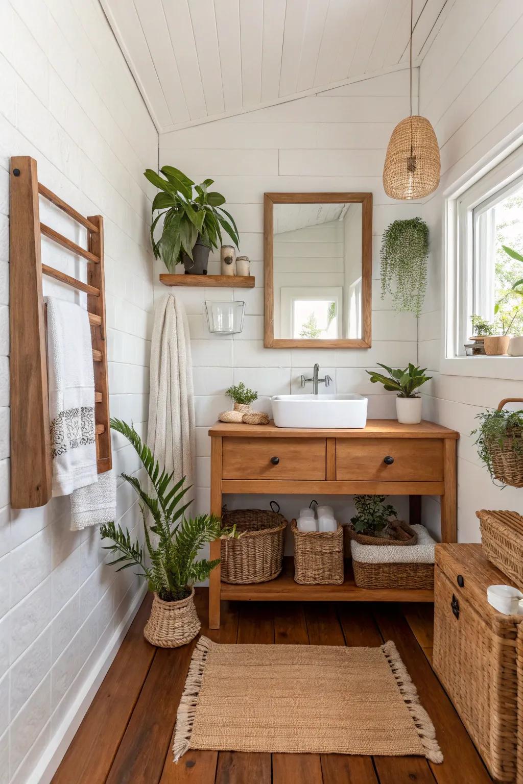 A white bathroom enriched by the warmth of wood elements and natural decor.