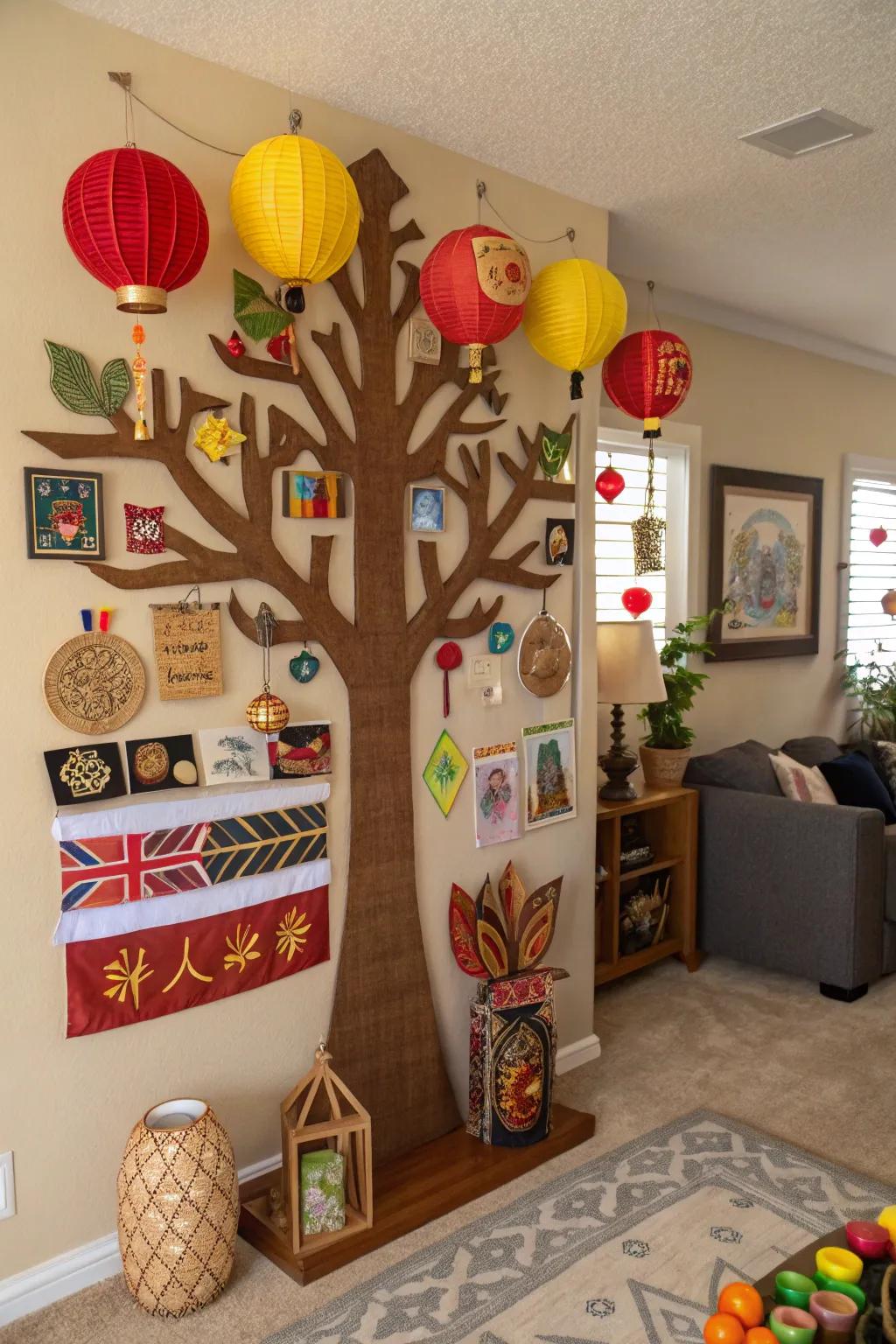 A cultural celebration tree bulletin board with diverse symbols.