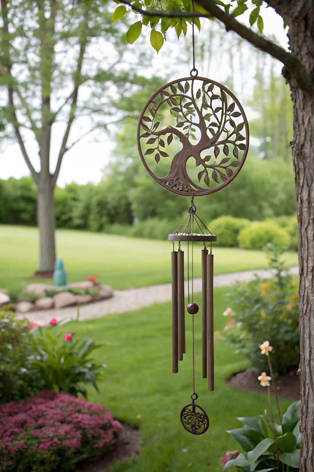 Eternal Tree wind chime brings tranquility to a peaceful garden.