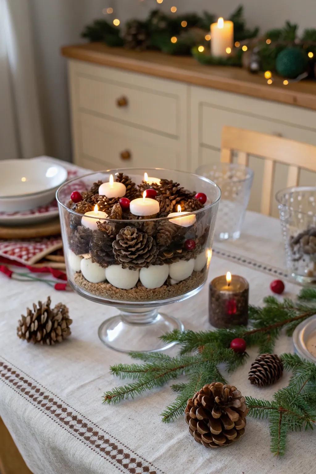 A dessert bowl crafting a cozy winter ambiance with candles.