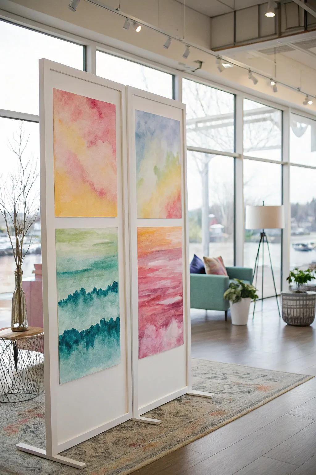 Soft watercolor triptych art for a soothing ambiance.