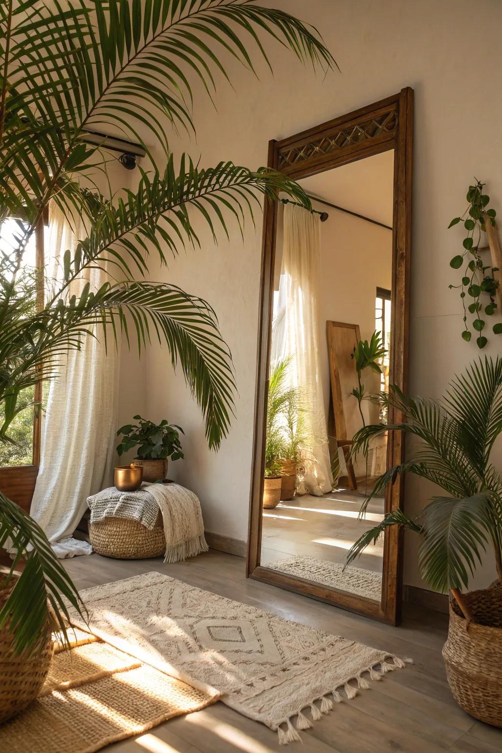 Mirrors with tropical frames reflect light and enhance the room.