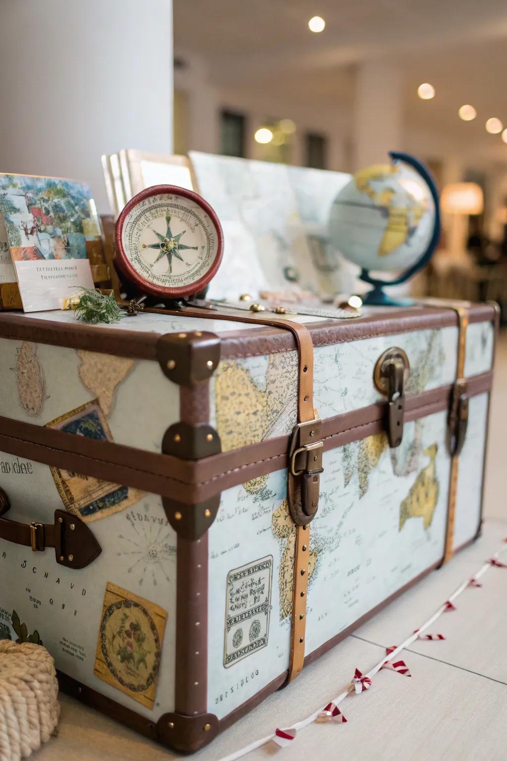 A trunk becomes a themed decorative piece, celebrating travel adventures.