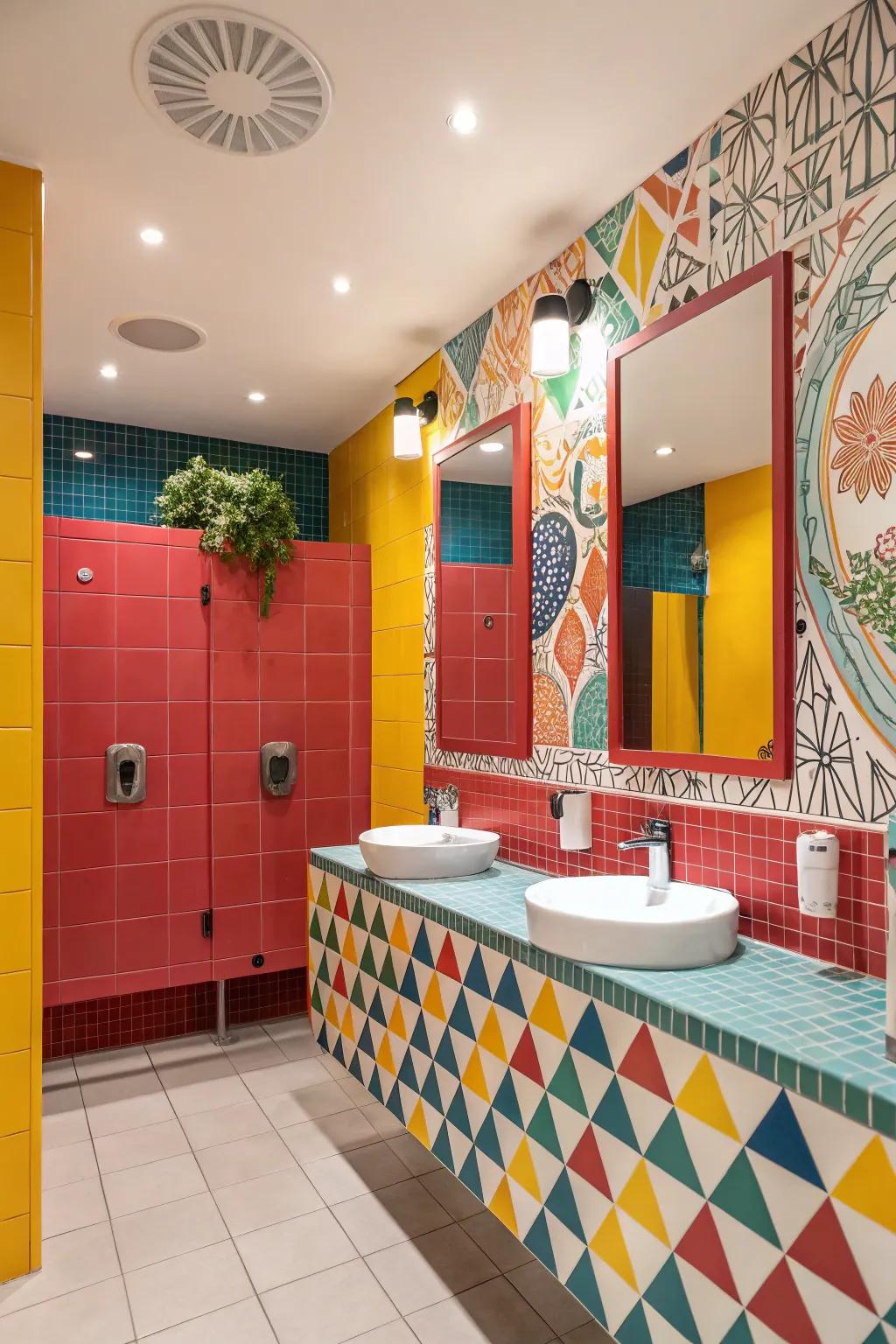 Striking color highlights fashion a lively and energetic bathroom atmosphere.