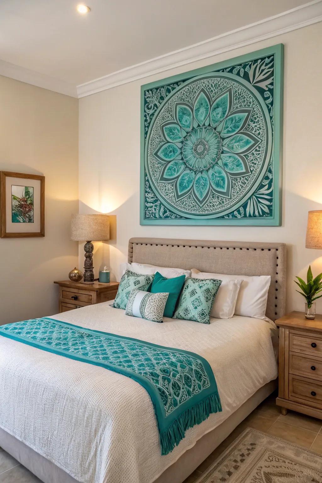 Turquoise art adds a unique touch.