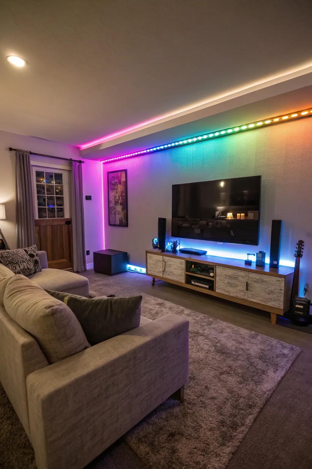Dynamic LED strips provide a vibrant, modern touch to this TV feature wall.