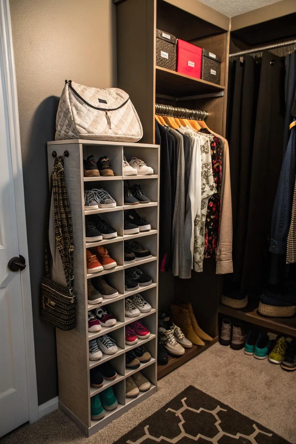 Footwear organizers maintain a neat and accessible closet.