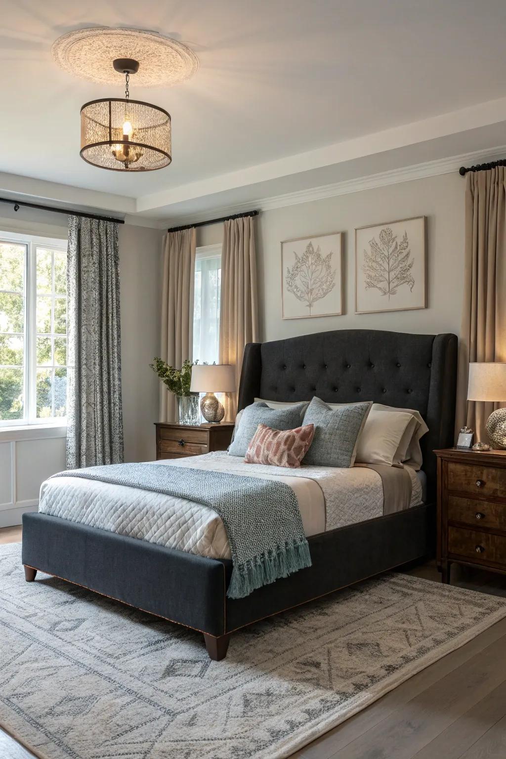 Dark fabric adds sophistication to a light room.