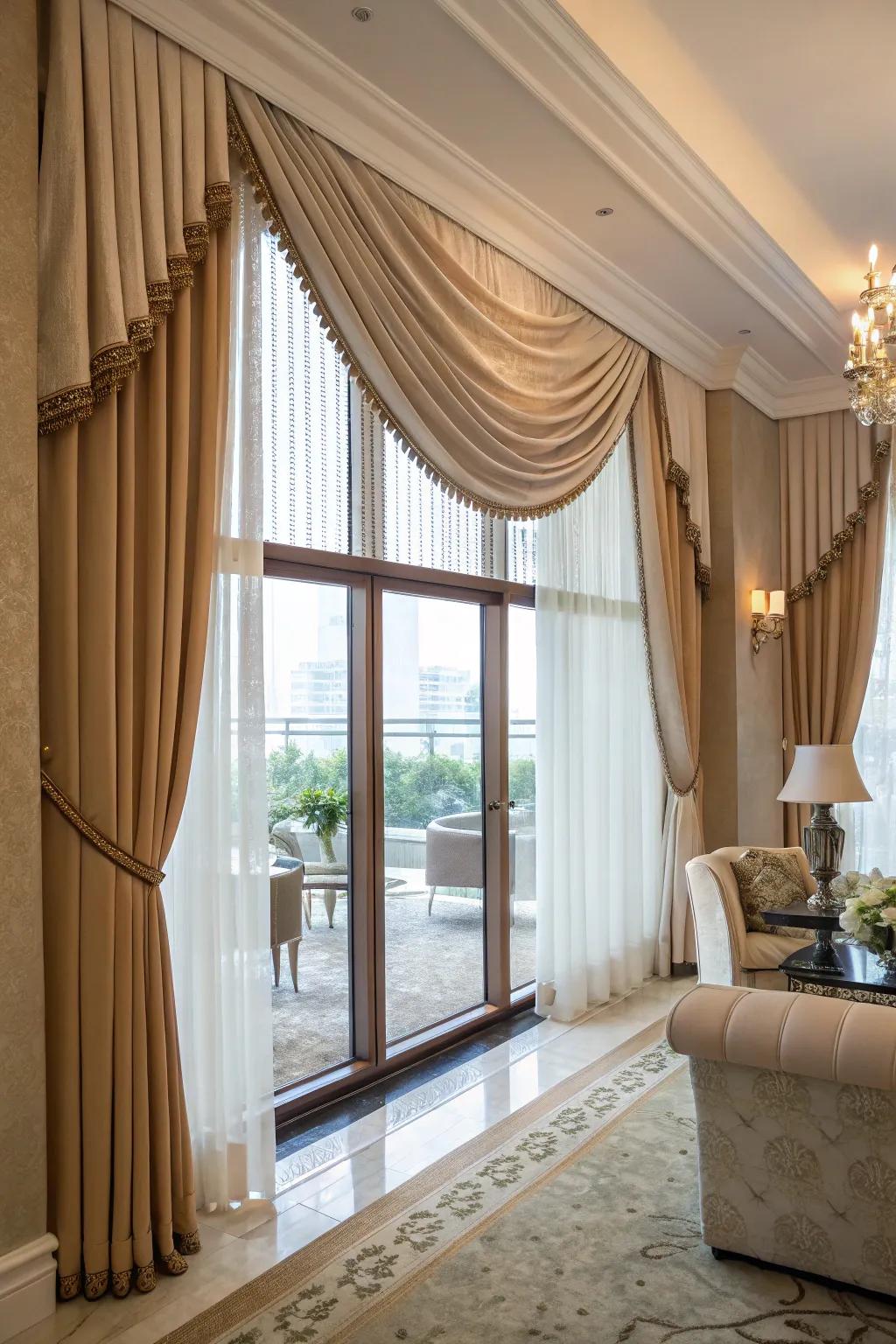 A window showcasing a graded cloth dressing in an elegant gathering space.