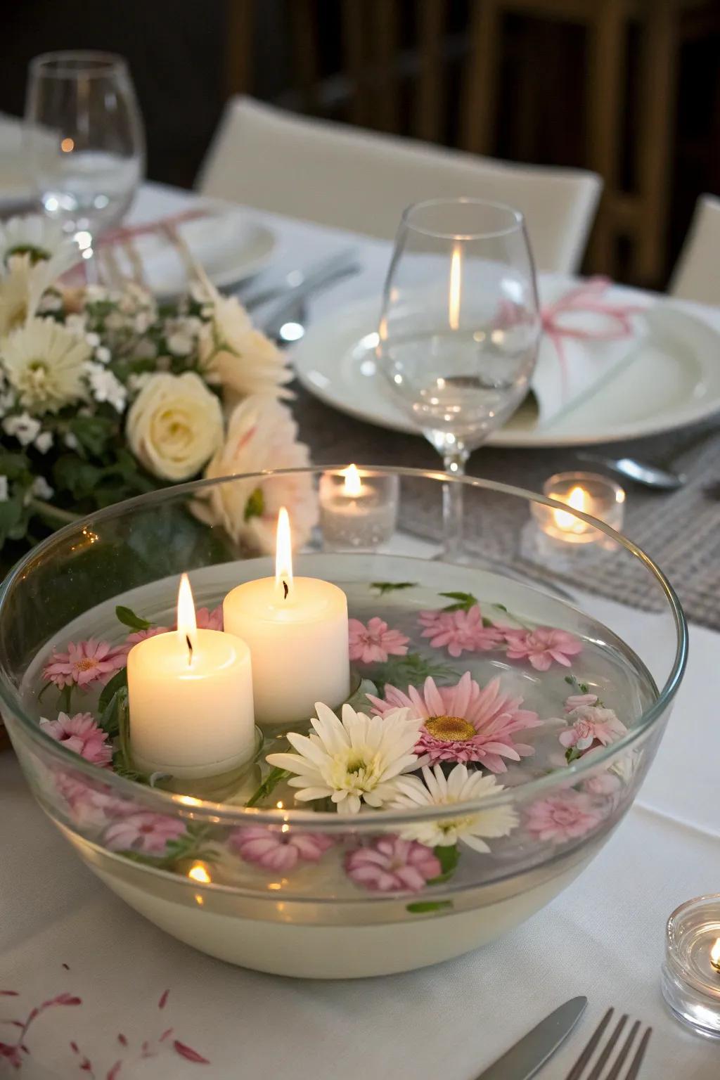 Feel at peace via gentle illuminations and flourishing buds nestled gently in water.