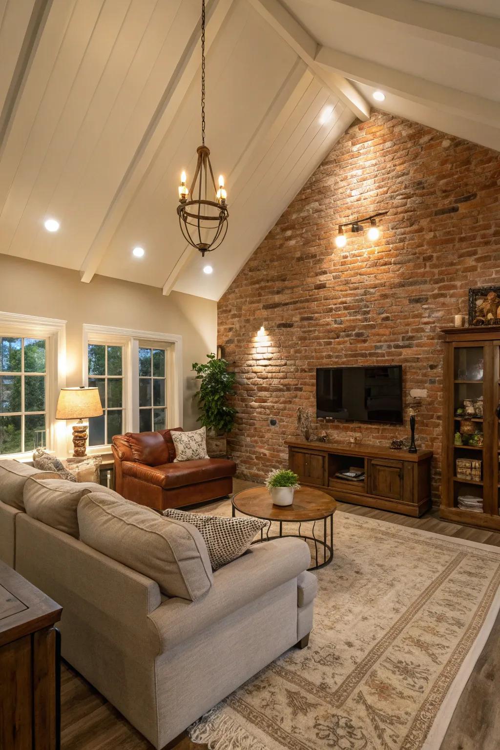 A family room showcasing a vaulted ceiling and wall design featuring visible brickwork