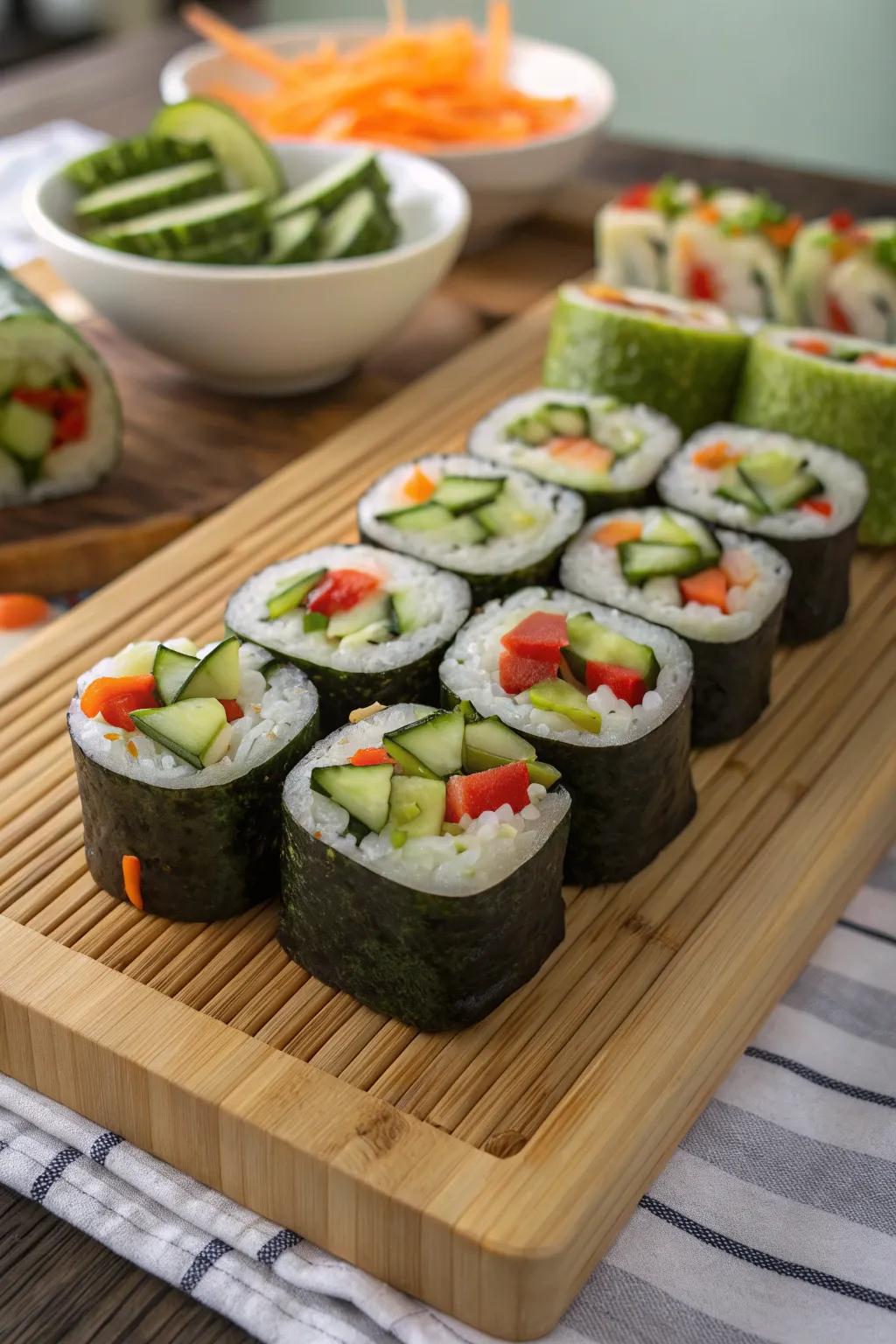 Vegetable sushi rolls for a creative twist on traditional trays.
