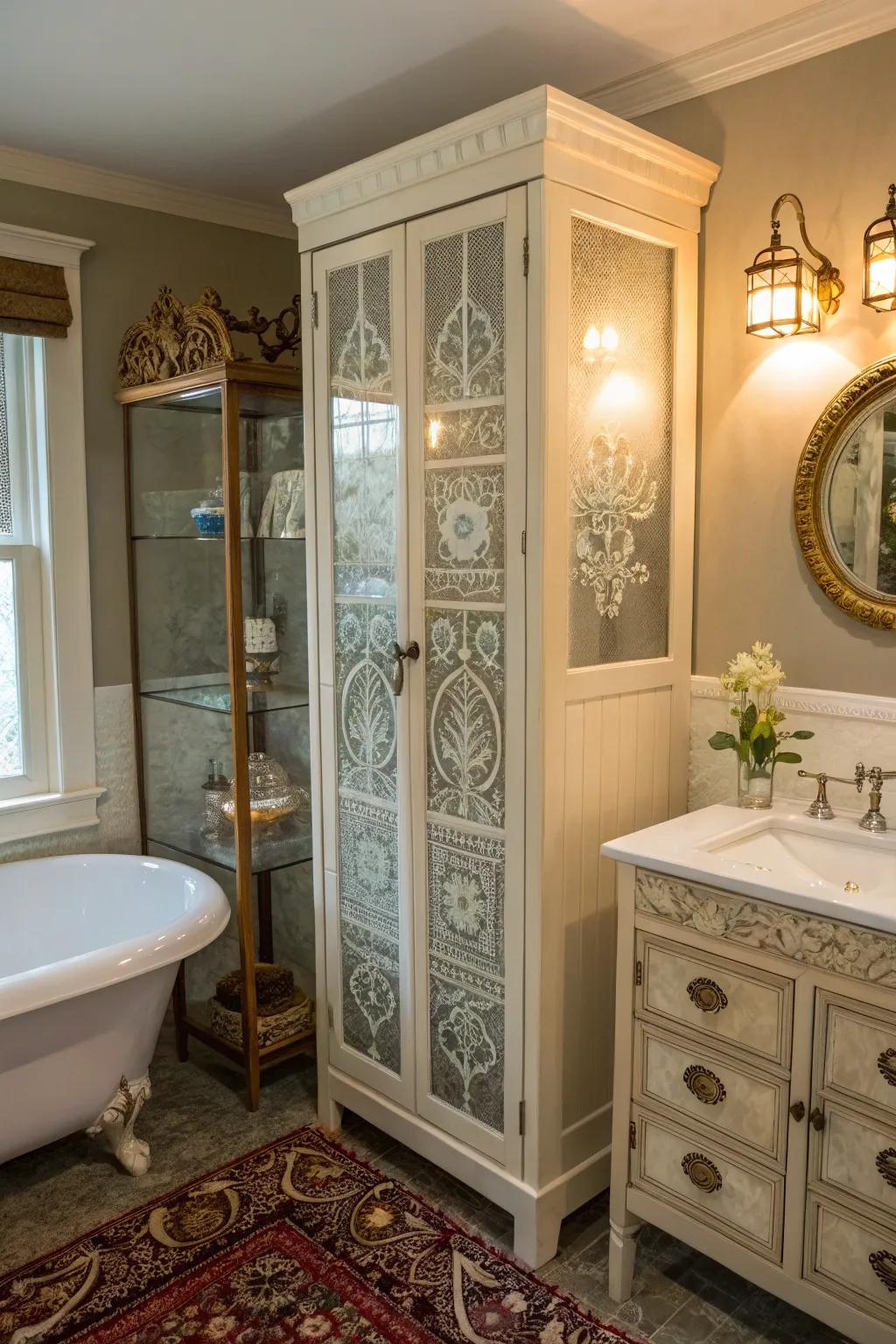 Etched glass lockers combine storage with beauty.