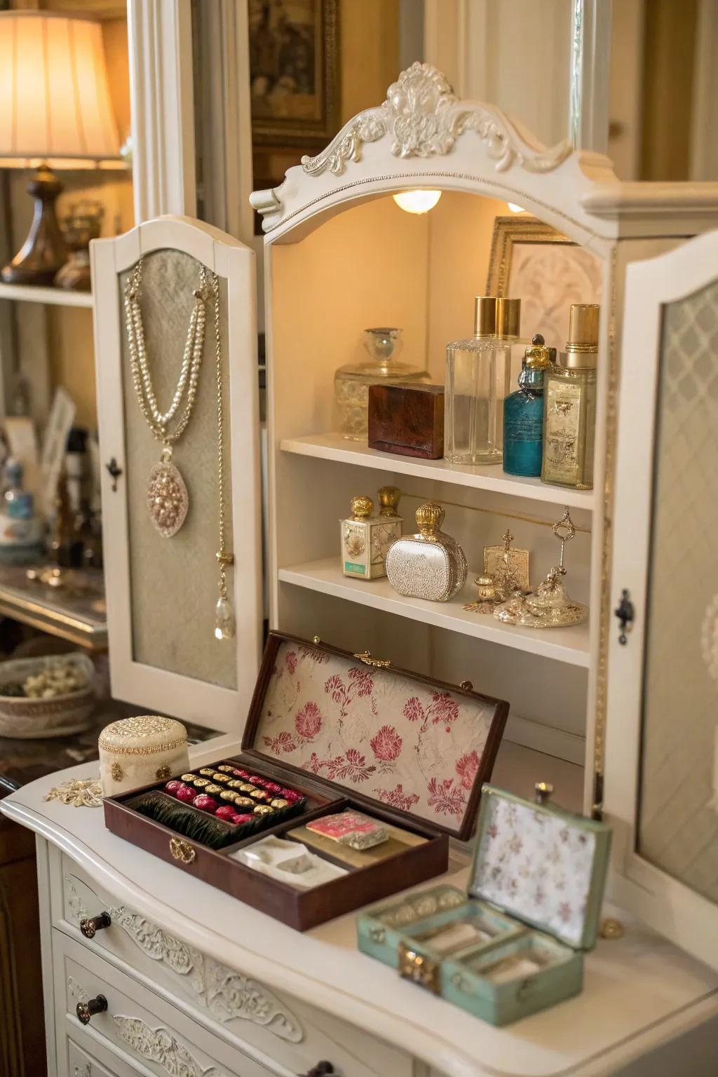 Shelving complements vintage vanities.