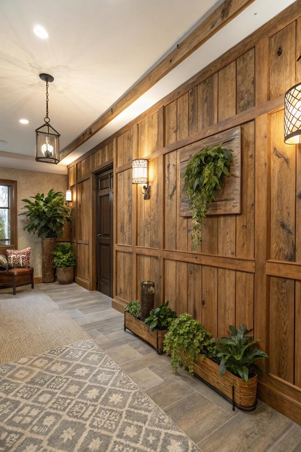 A chamber showcasing eco-conscious upcycled timber wainscoting.