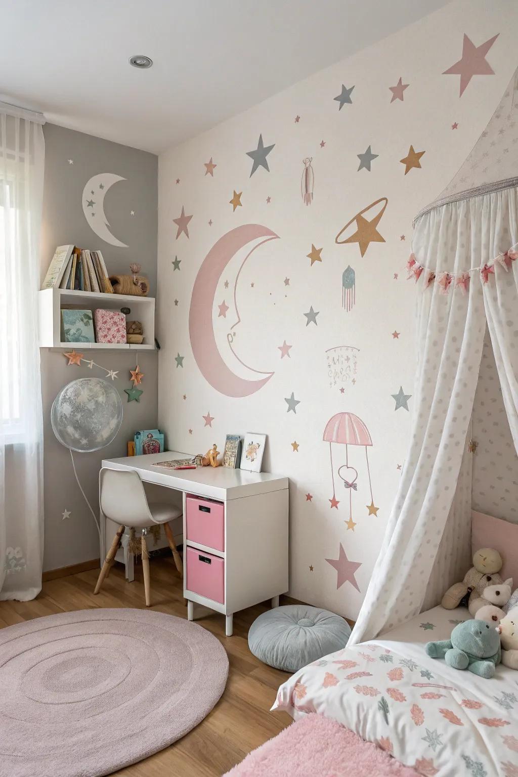 Eccentric outlines foster a dreamy ambiance in a child's area.