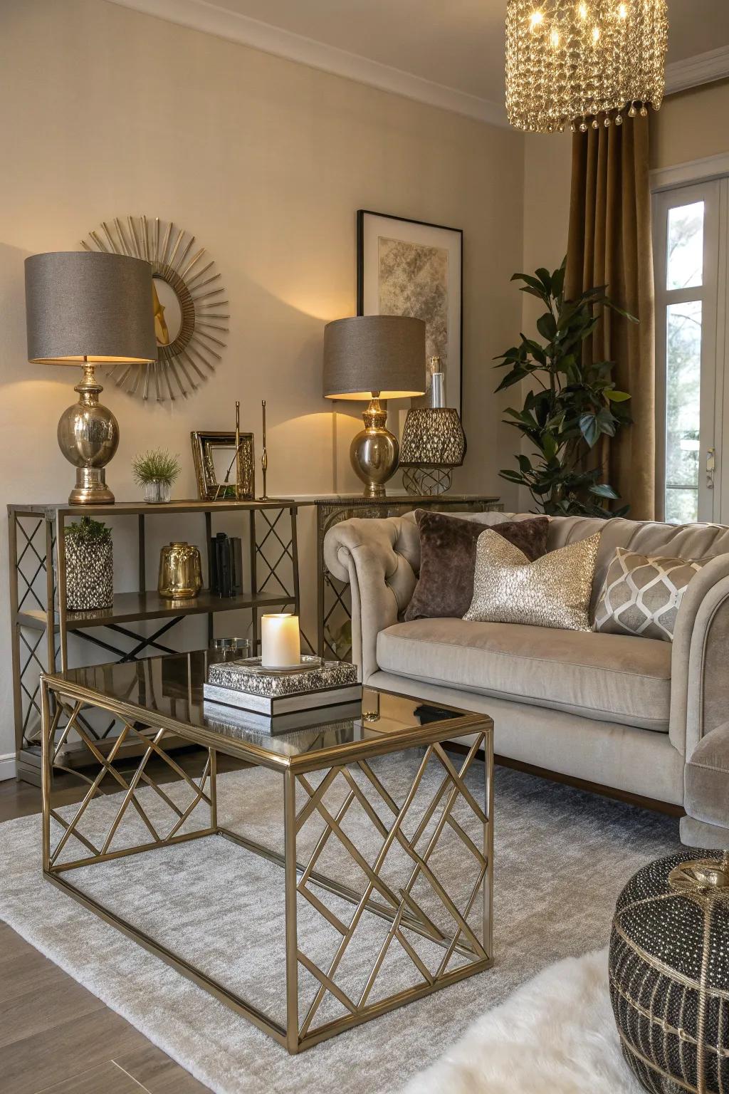A neutral living room gains a hint of glamour from metallic accents and opulent fabrics.