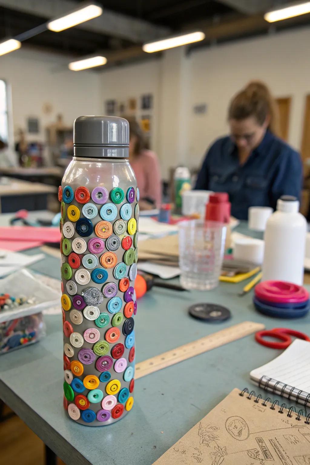 A whimsical hydration container embellished via colorful knobs.