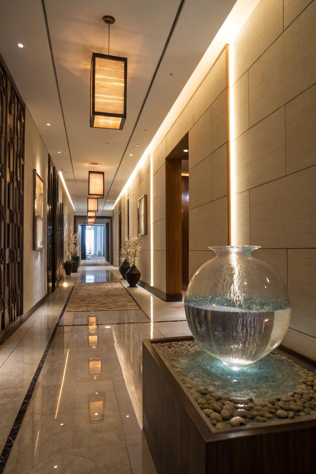 A glass water sculpture offers elegance and intrigue.