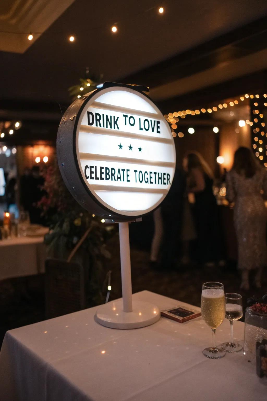 A rotating bar sign displays changing messages.