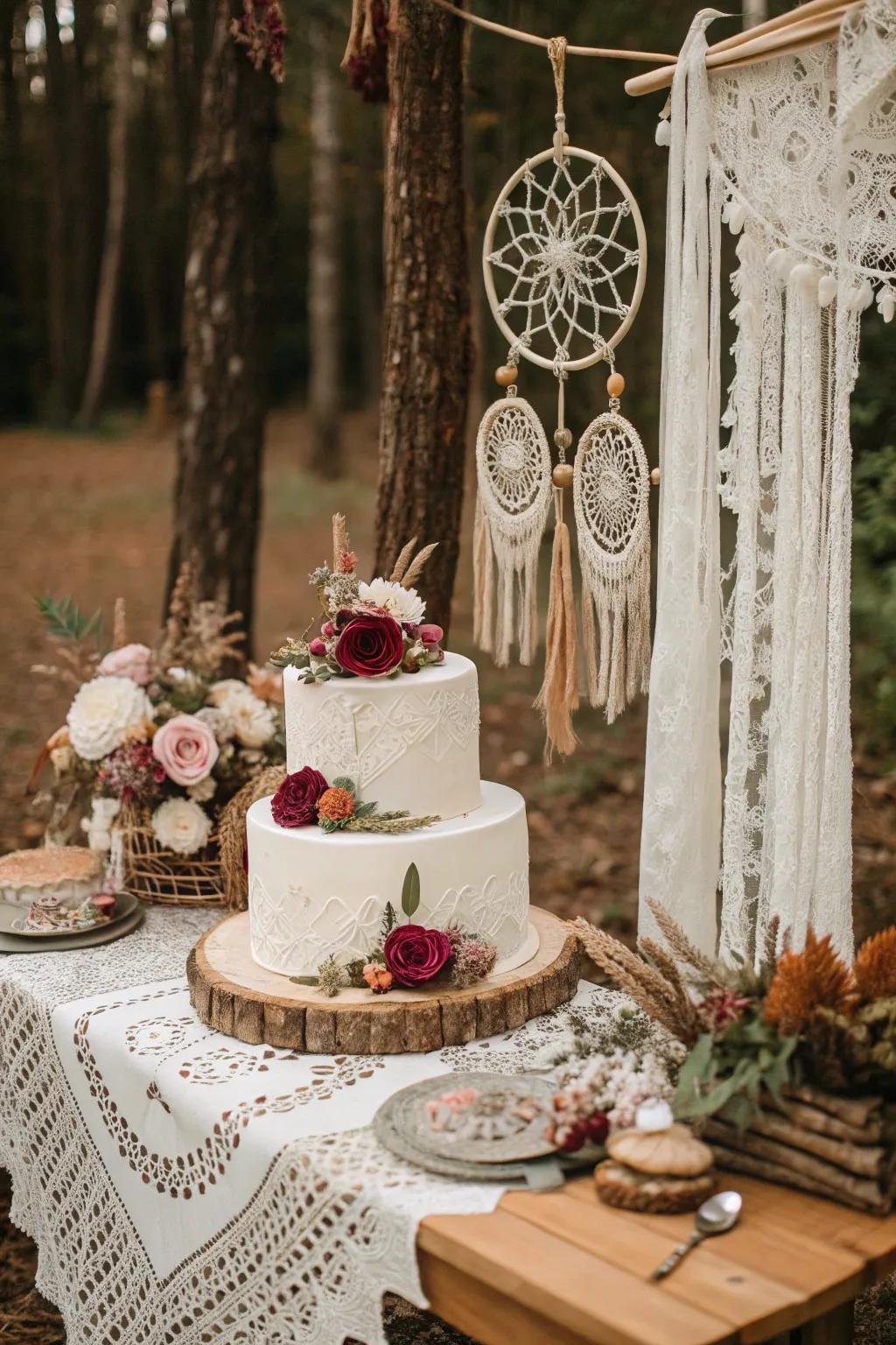 Free-spirited components instilling a relaxed vibe into the wedding cake display.