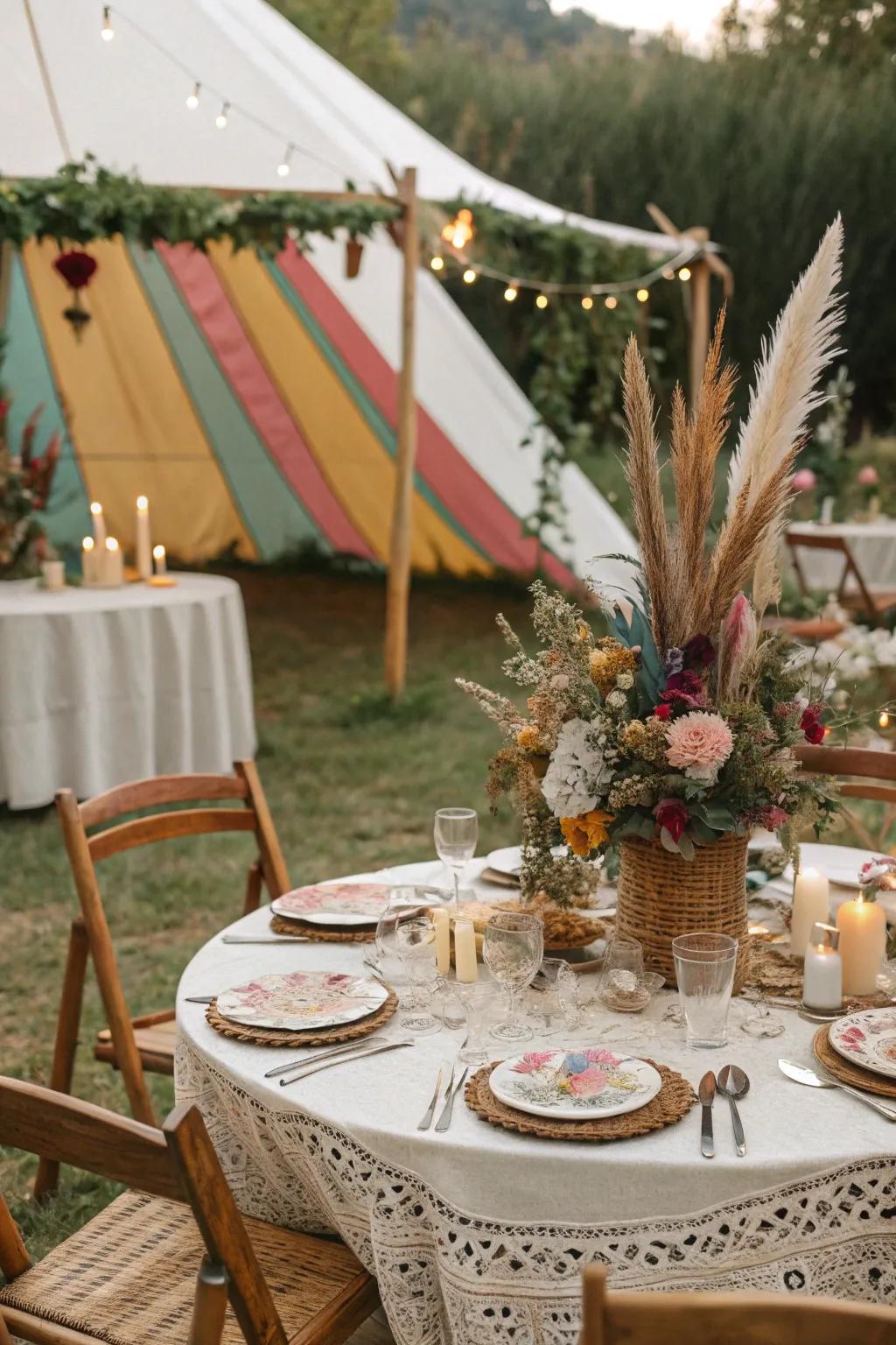 Bohemian flair with feathers and wildflowers.