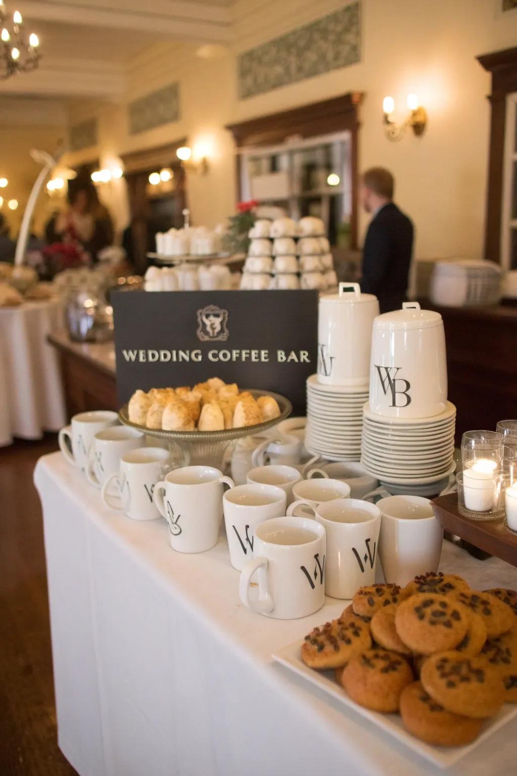 Monogrammed mugs for visitors at a wedding coffee station.