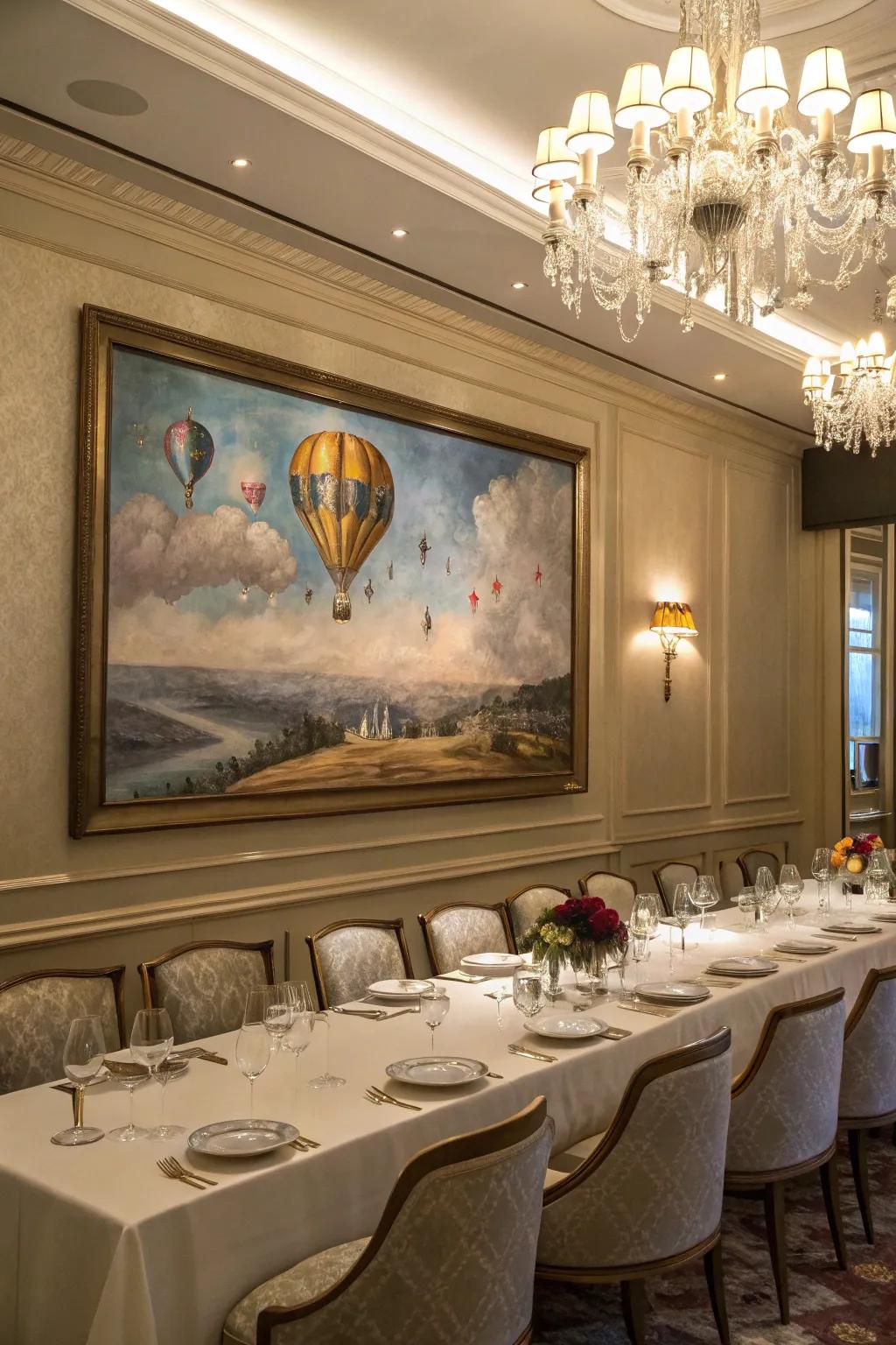 A painting of floating objects, adding an ethereal vibe to a dining space.