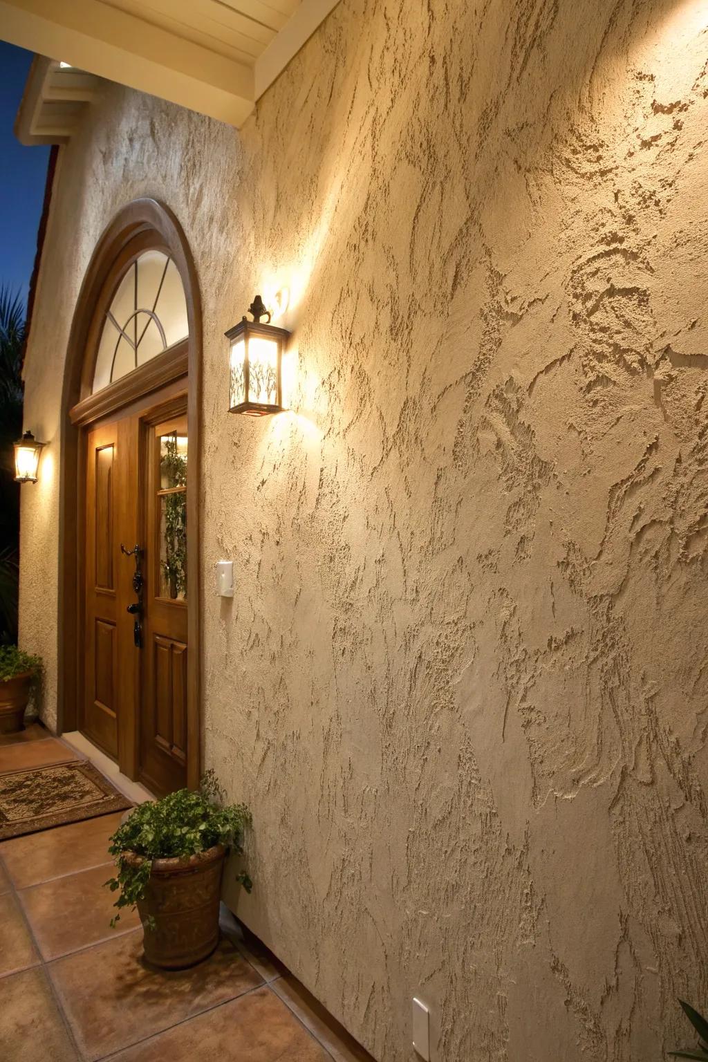 Textured wall coating enriching rural depth in an entryway.