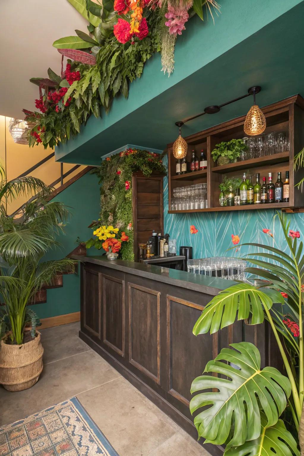 Create a tropical escape in your basement wet bar with vibrant colors and lush greenery.