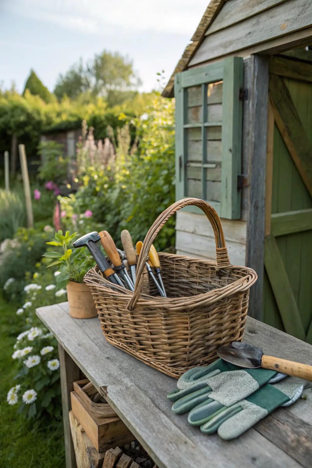 A basket filled with horticultural implements keeps your outdoor location structured and charming.