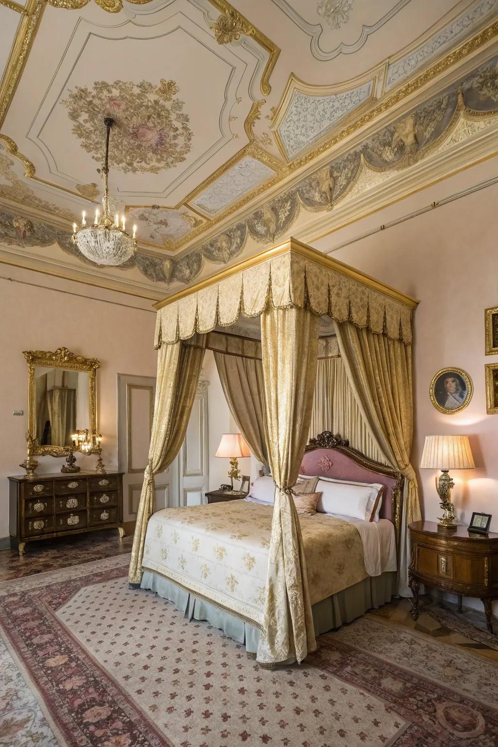 A surprising and lavish twist is achieved with a shimmering ceiling.