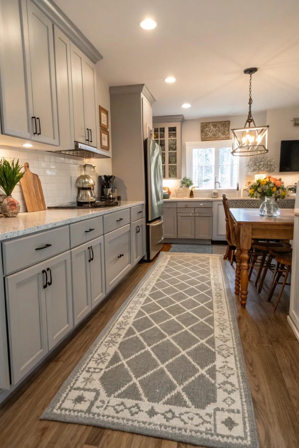 A statement floor covering adds an inviting touch to the kitchen.