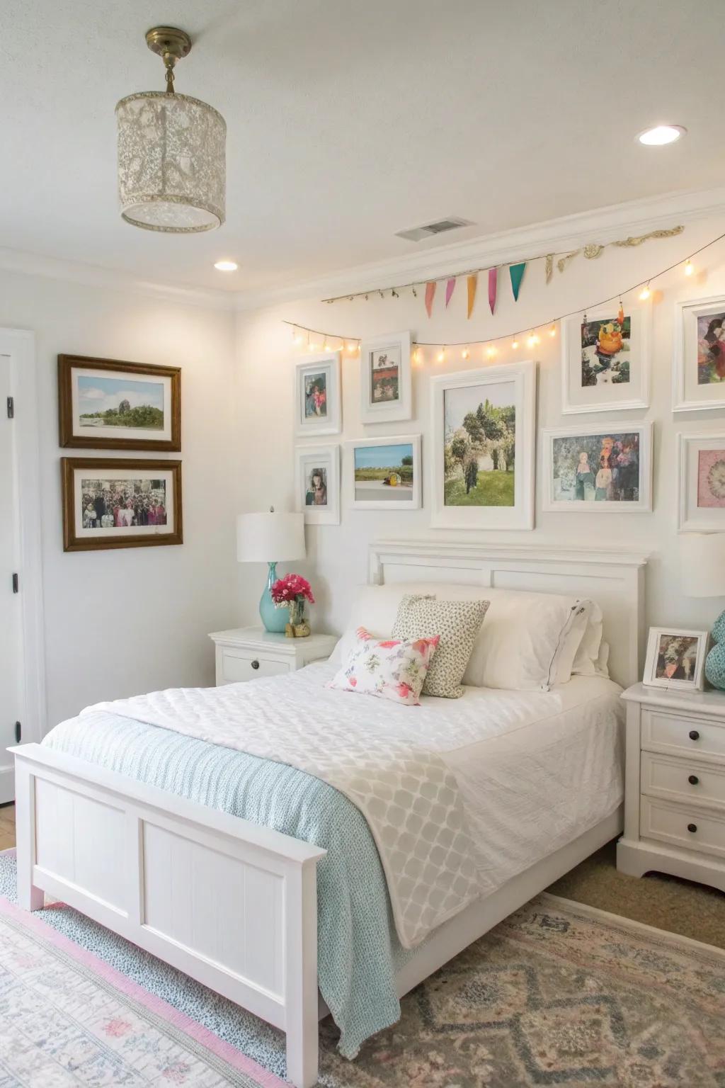 Personalized art contributes coziness and individuality to a white bedroom.